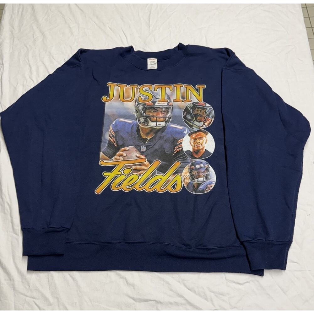 justin fields Chicago Bears Hanes Crew neck Sweatshirt Color Navy Blue Men’s L